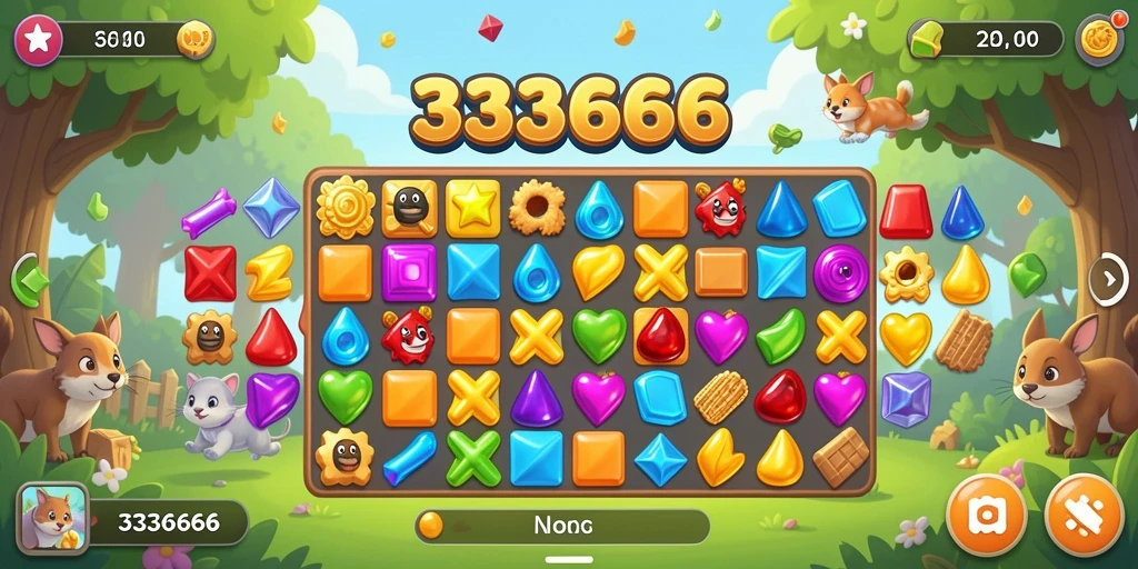 Screenshot gameplay seru dari 333666 dengan warna-warni permata Match-3.