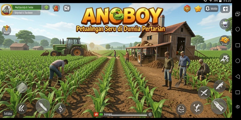 Tampilan gameplay seru ANOBOY dengan aktivitas Farming yang menyenangkan.