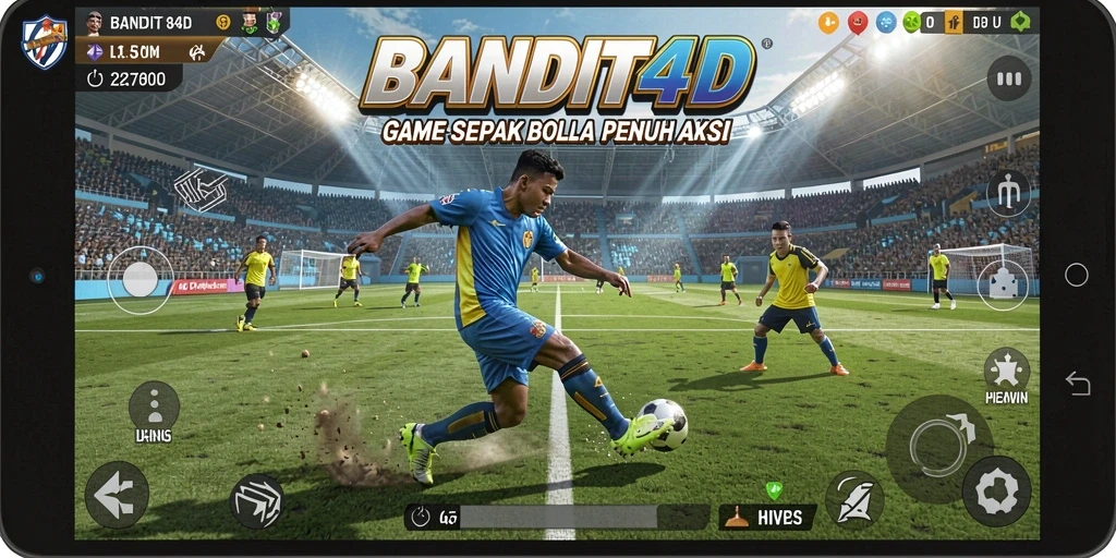 Tangkapan layar gameplay dari BANDIT4D menunjukkan aksi sepak bola yang menegangkan.