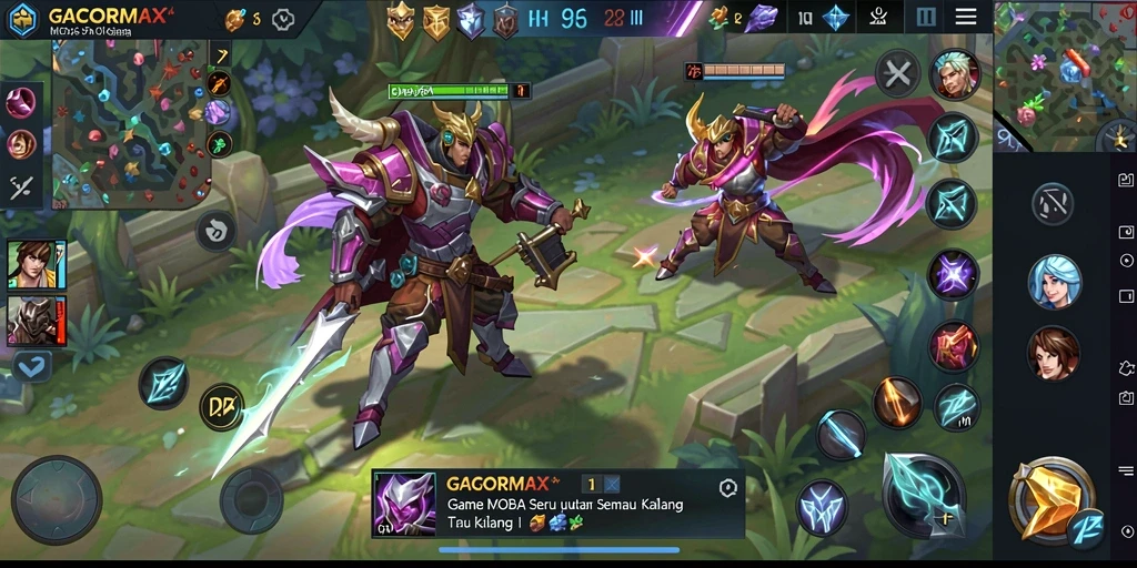 Tangkapan layar GACORMAX menampilkan pertarungan seru di arena MOBA.