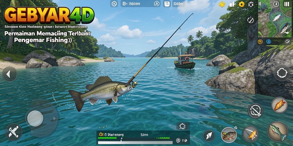Screenshot utama GEBYAR4D menampilkan gameplay memancing yang mendebarkan.
