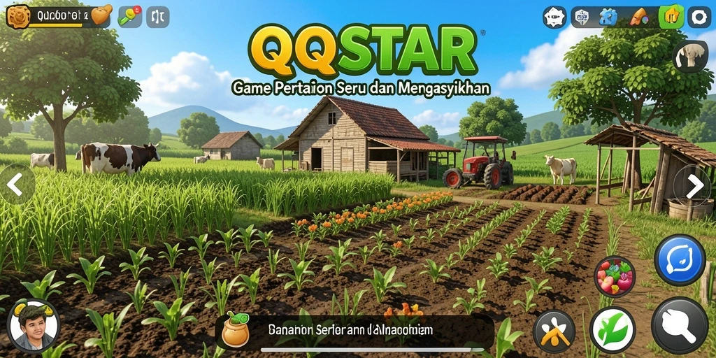 Tampilan gameplay <strong>QQSTAR</strong> dengan aktivitas pertanian yang seru.