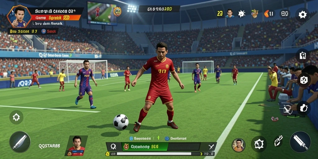 Tampilan gameplay seru di lapangan sepak bola.