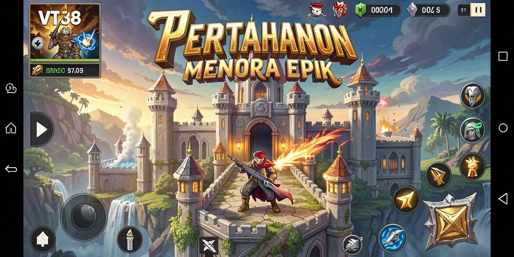 Tampilan gameplay menara dan serangan musuh dalam VT38.
