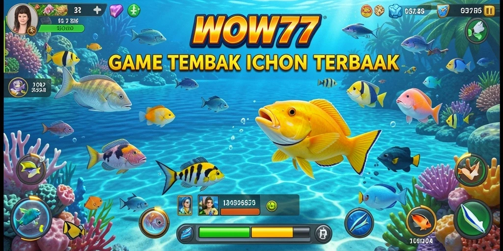 Gameplay WOW77 yang seru dengan menembak ikan berwarna-warni.